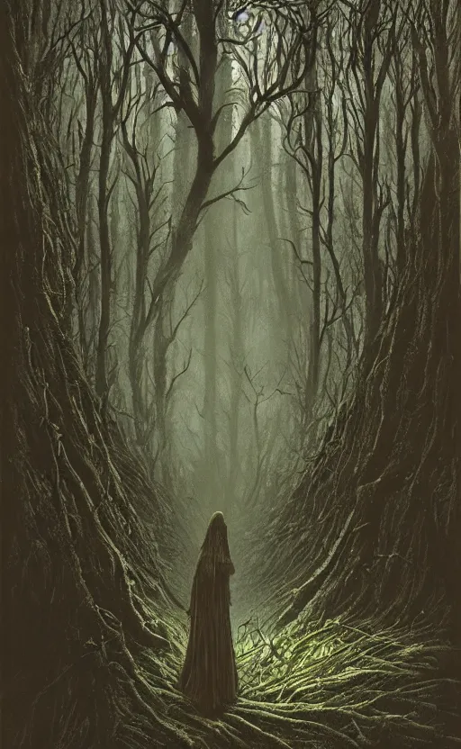 Image similar to a witch in an ominous forest, cinematic lighting, at night, highly detailed, symmetric, concept art, masterpiece, fantasy art, hyperdetailed, hyperrealism, saturated colors, art by zdzistaw beksinski, arthur rackham, dariusz zawadzki, larry elmore