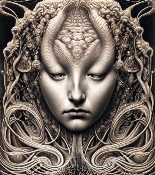 Prompt: detailed realistic beautiful platinum goddess face portrait by jean delville, gustave dore, iris van herpen and marco mazzoni, art forms of nature by ernst haeckel, art nouveau, symbolist, visionary, gothic, neo - gothic, pre - raphaelite, fractal lace, intricate alien botanicals, biodiversity, surreality, hyperdetailed ultrasharp octane render