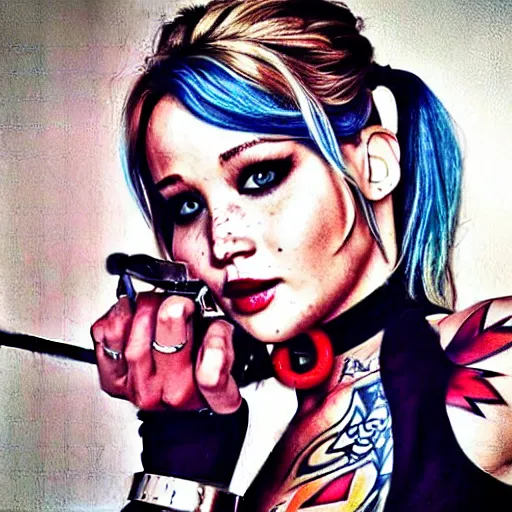 Image similar to a tatoo depicting jennifer lawrence as harley quinn, photo