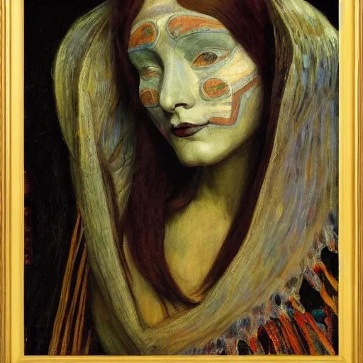 Prompt: the queen in her moth mask, by Annie Swynnerton and Diego Rivera, in profile, symbolist, dramatic lighting, elaborate geometric ornament, Art Brut ,god rays, soft cool colors,smooth, sharp focus, extremely detailed, Adolf Wölfli