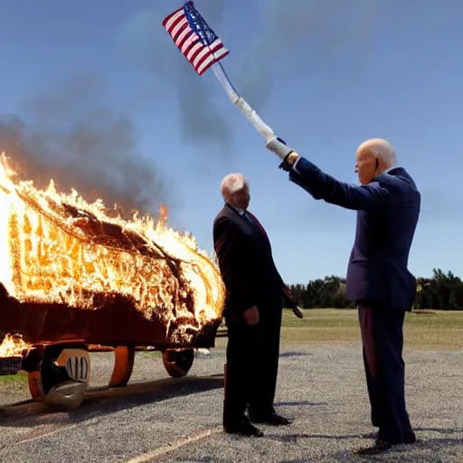 Image similar to joe biden setting the american flag on fire