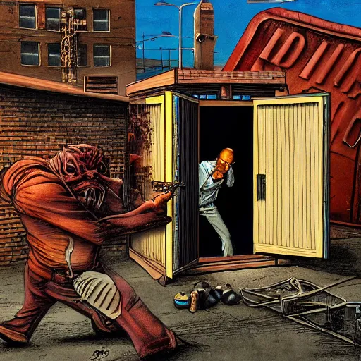 Prompt: a man hides behind a dumpster to reload while the demon in the alley coalesces : high quality high detail painting by david mattingly and larry elmore and richard corben, hd, realistic scene painting, photorealistic lighting, modern supernatural urban horror, street scene