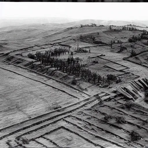 Image similar to Aerial establishing shot of circular wooden-stake palisade containing an orc-village