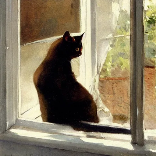Prompt: a cat in the window smoking a cigarette with the sun shining, by anders zorn, oil painting