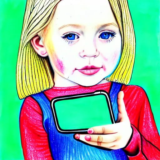 Image similar to 3 year old blonde girl with iphone, colored pencil on white background by eloise wilkin