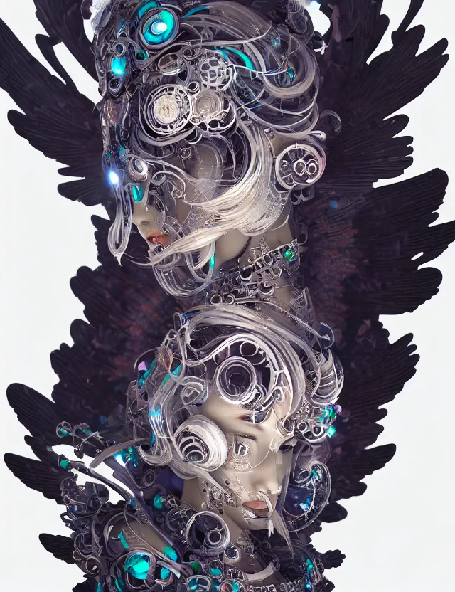 Image similar to 3 d goddess cyborg close - up profile portrait with ram skull. beautiful intricately detailed japanese crow kitsune mask and clasical japanese kimono. betta fish, jellyfish phoenix, bio luminescent, plasma, ice, water, wind, creature, artwork by tooth wu and wlop and beeple and greg rutkowski