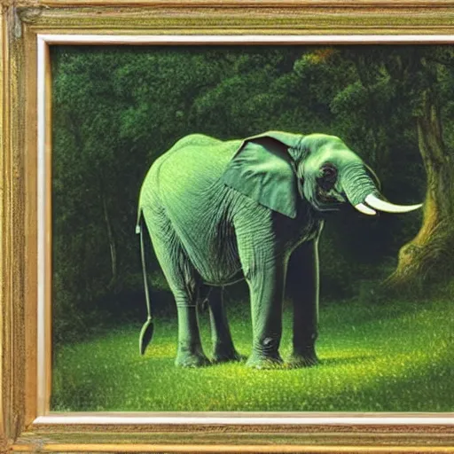 Image similar to Portrait of an elephant on a green meadow, style Franklin Booth