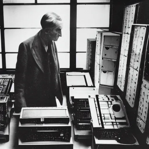 Image similar to underexposed photo of Marcel Duchamp in a machine room full of ancient computers, tri-x, Irving Penn, Jeff Wall, archival pigment print, contemporary art