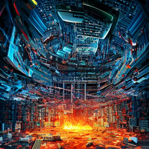 Image similar to diverse groups of humans destroying the supercomputers, breaking circuits, smashed, fire, smoke, from behind, rebirth, beauty, wide angle, elaborate, wet, highly detailed, colors, beautiful lighting