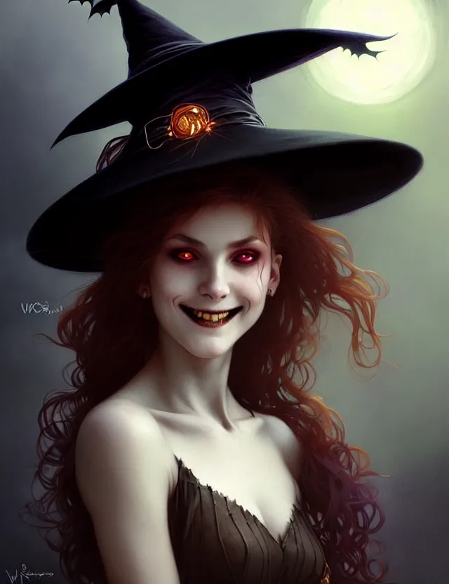 Image similar to halloween witch woman in a hat smiles, fantasy magic, undercut hairstyle, dark light night, intricate, elegant, sharp focus, illustration, highly detailed, digital painting, concept art, matte, art by wlop and artgerm and greg rutkowski and alphonse mucha, masterpiece