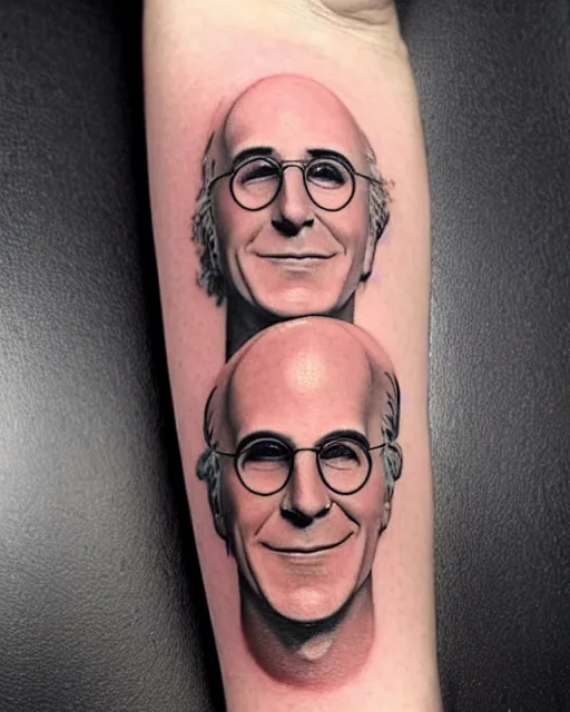 Image similar to a really bad tattoo of larry david, realism tattoo