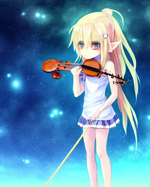 Image similar to chibi, cute, female, full body, elf girl with white skin and golden long wavy hair, holding a violin and playing a song, stunning art style, filters applied, lunar time, night sky, trending art, sharp focus, centered, landscape shot, fate zero, simple background, studio ghibly makoto shinkai yuji yamaguchi, by wlop