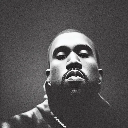 Image similar to a chiaroscuro lighting portrait of kanye west dressed as rick owens, black background, portrait by julia margaret cameron, shallow depth of field, 8 0 mm, f 1. 8