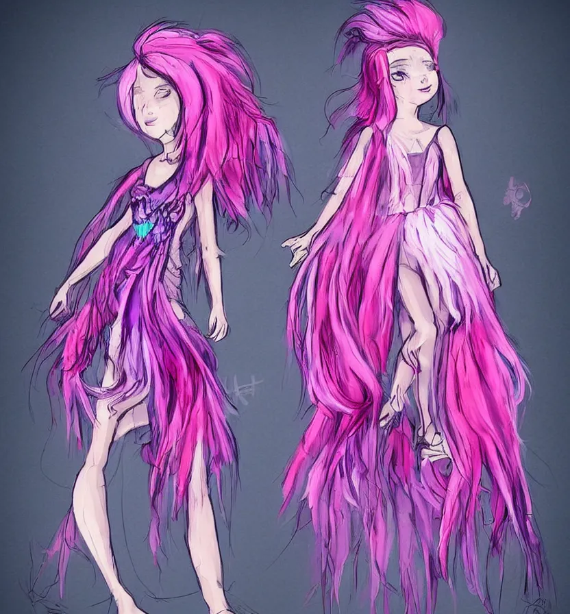 Image similar to little girl with eccentric pink hair wearing a dress made of purple feathers, anatomically perfect, concept art, cartoon art style