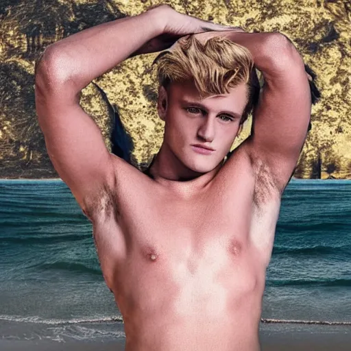 Prompt: a realistic detailed photo of a guy who is an attractive humanoid who is half robot and half humanoid, who is a male android, youtubers jake paul & logan paul, shiny skin, posing like a statue, blank stare, at the beach, on display