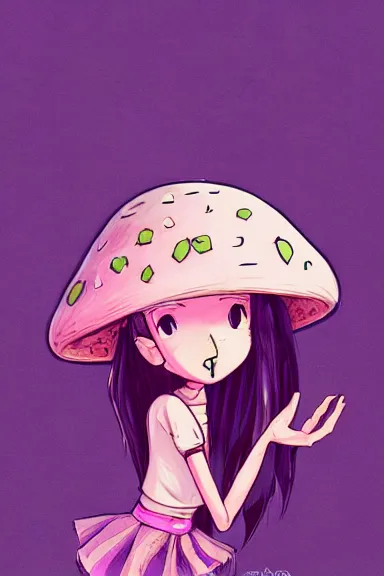 Image similar to a little girl wearing a mushroom hat in 9 0 s outfit | | purple curvy hair, pretty face, fine details, digial art by lois van baarle and sakimichan, anatomically correct, perfect composition, symmetrical, fantastic, clean details, anime character, extremely detailed, ray tracing