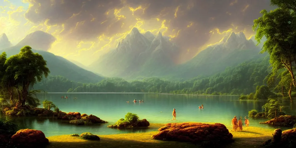 Prompt: A landscape with a lake surrounded by lush colorful vegetation, next to the lake are some mammals!!, in the background is a mountain range, in the foreground a family of travelling cavemen, volumetric lighting, ray lighting from top of frame, crepuscular ray lighting from above, dynamic lighting, muted colors, by Greg rutkowski, thomas kinkade, Andreas rocha, john howe, pixar, f16, hd, 4k