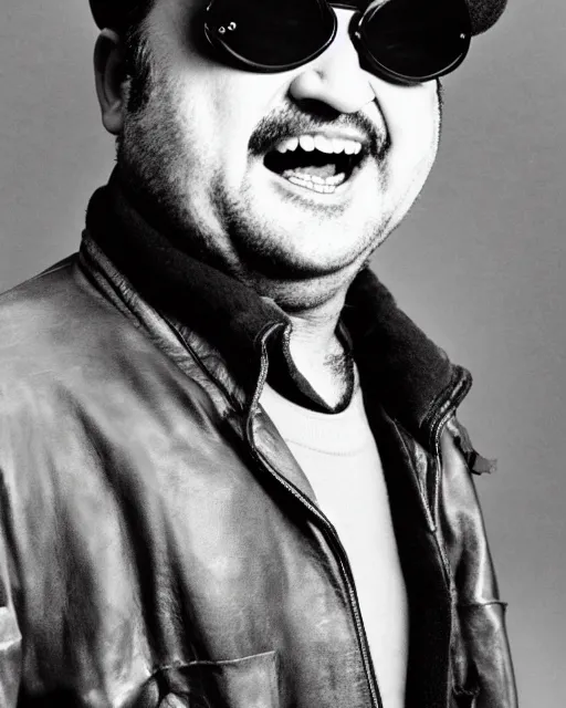 Image similar to headshot of a crazed john belushi smoking a cigar, he is wearing a leather bomber cap on his head, he has on aviator goggles, he is also wearing an a 2 flight jacket, a long white wool scarf is wrapped around his neck, he has a 5 o'clock shadow