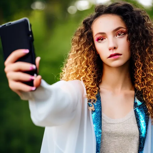 Prompt: selfie of a young woman, wearing a translucent and iridescent jacket over a tank top, curly long hair, caucasian, sigma 85mm f/1.4, 4k, depth of field, high resolution, 4k, 8k, hd, full color