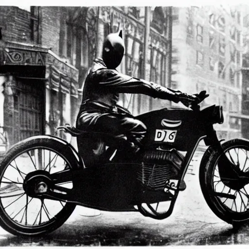 Image similar to old black and white photo, 1 9 1 3, depicting batman on a motorcycle from dark knight racing through the bustling streets of new york city, rule of thirds, three - point perspective, historical record