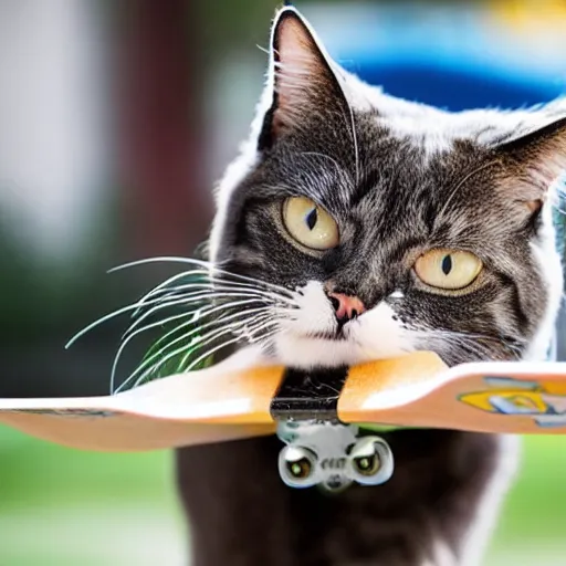 Image similar to photograph of a cat doing a wicked extreme skateboard trick