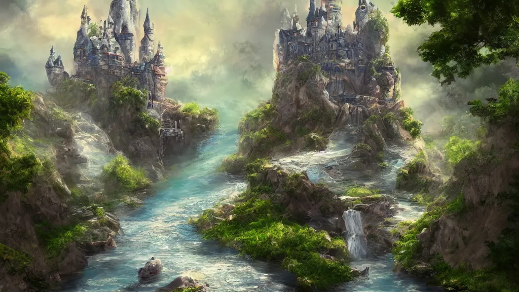 Prompt: floating castle with rivers flowing underneath, water falls, fantasy artwork, award winning, very very very very very very very beautiful scenery, hd, 4k, 8k, artstation
