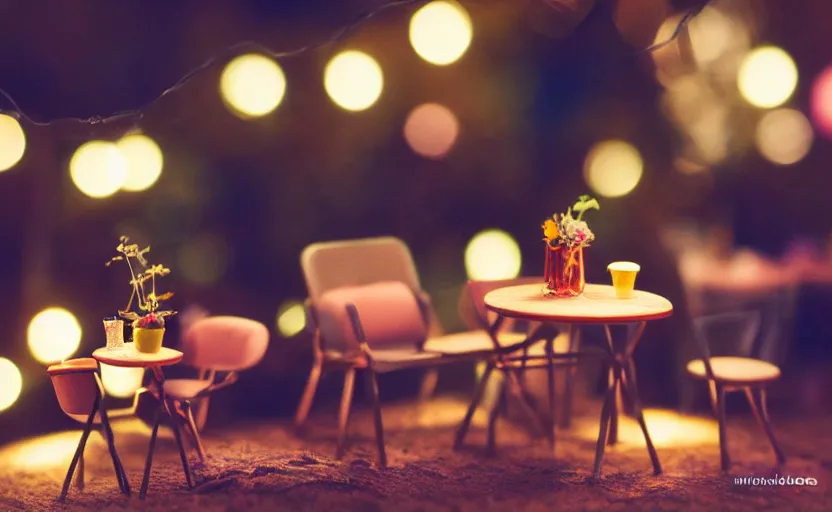 Image similar to mini cafe for mice diorama macro photography, ambient, atmospheric photograph, string lights, romantic