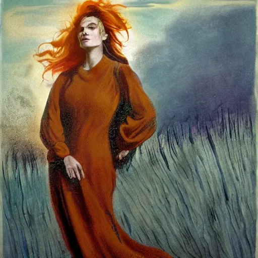 Prompt: 4 k resolution by abbott fuller graves ghostly, bold. a mixed mediart of a woman standing in a field of ashes, her dress billowing in the wind. her hair is wild & her eyes are closed, in a trance - like state. dark & atmospheric, ashes seem to be alive, swirling around.