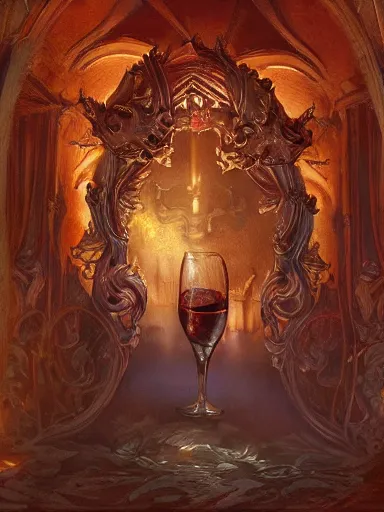 Prompt: the devil, been served wine in hell. intricate, elegant, highly detailed, digital painting, artstation, concept art, sharp focus, illustration, by justin gerard and artgerm, 8 k