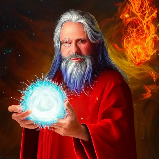 Prompt: a wizard holding an orb of frost in one hand and an orb of fire in the other, blue robes, red background, symmetrical, long white hair, long white beard, realistic painting, fantasy