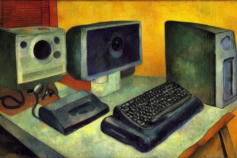 Image similar to still life painting of vintage computers by Paul Gauguin, oil on canvas, strong lighting, highly detailed, hyper realism, HD, 4K