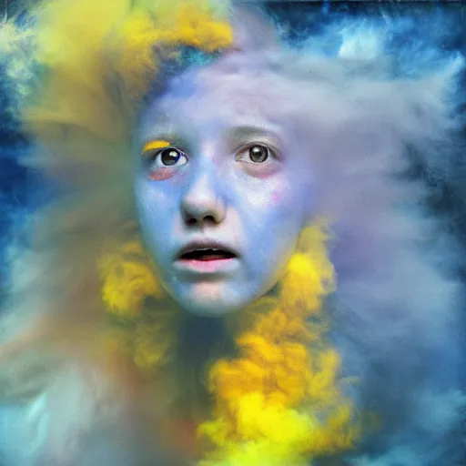 Prompt: crying girl, covered in yellow and blue clouds, by kim keever