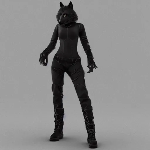 Prompt: 3D model anthro female wolf cyberpunk