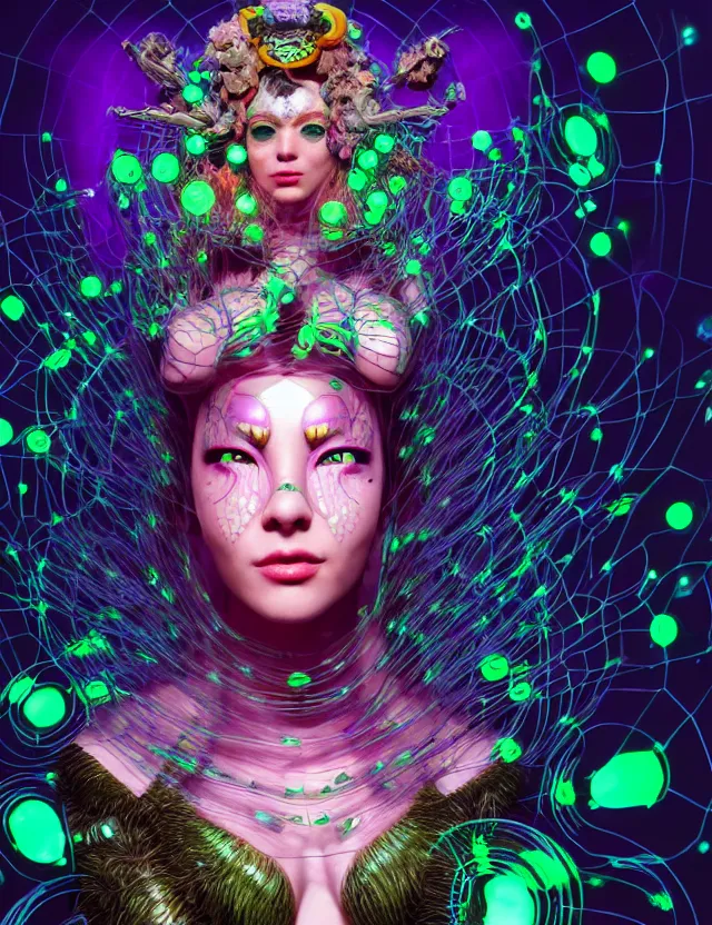 Image similar to 3 d goddess medium shot portrait with hyperdimensional mycorrhizal implants. beautiful intricately detailed avante garde bee mask and retrowave sorceress outfit. glowing bio luminescent, water, pulse projections, creature, artwork by tooth wu and wlop and android jones and beetle and greg rutkowski