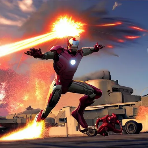 Image similar to iron man in gta v, nuclear explosion, epic battle, realism, mushroom cloud