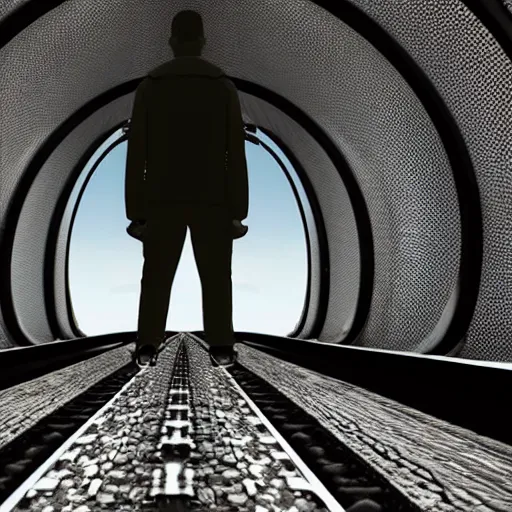 Image similar to someone standing on top of a train travelling through a futuristic tunnel, realistic, cinematic