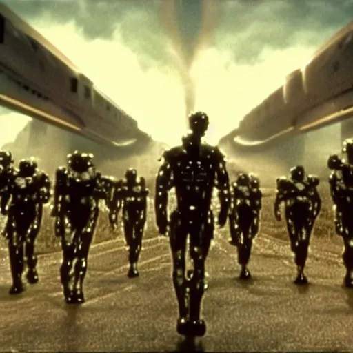 Prompt: a screenshot from a science fiction movie by Ridley Scott about a transhumanist rebellion, wide hero shot, highly detailed, cinematic
