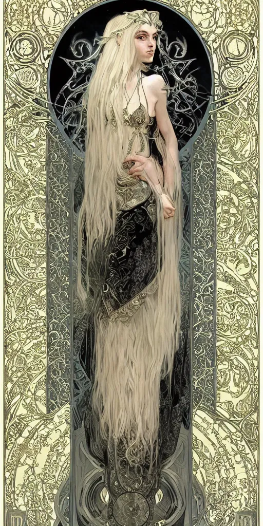 Prompt: 4k HD digital full body portrait of beautiful regal elven king, long white hair, black paper, wheel of sigils behind subject, fox god tarot card, Artstation, Alphonse Mucha, Craig Mullins, Marc Simonetti, art nouveau aesthetic, ornate and intricate details, decorative nouveau image border