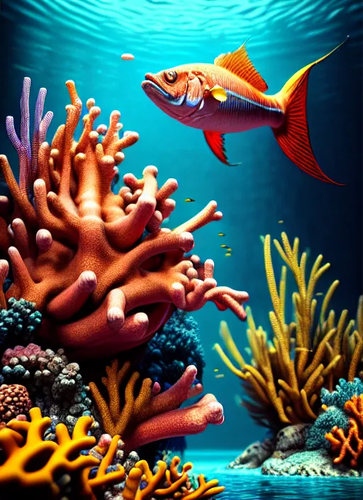 Prompt: hyperrealism, detailed textures, photorealistic 3 d render, an underwater scene with brightly coloured fish smoking cigars, brightly coloured coral, ultra realistic, ultra high pixel detail, cinematic, intricate, cinematic light, octane render, concept art, illustration, captured on canon eos r 6, art station, unreal engine 8 k