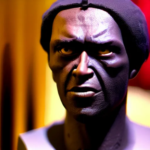 Prompt: deceptively real wax figure of Dezel Washington in Book of Eli by Madame Tussauds, face closeup