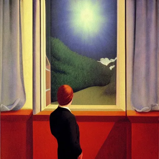 Image similar to the man behind the curtain waves you over to see him by Raphael, Hopper, and Rene Magritte. detailed, romantic, enchanting, trending on artstation.