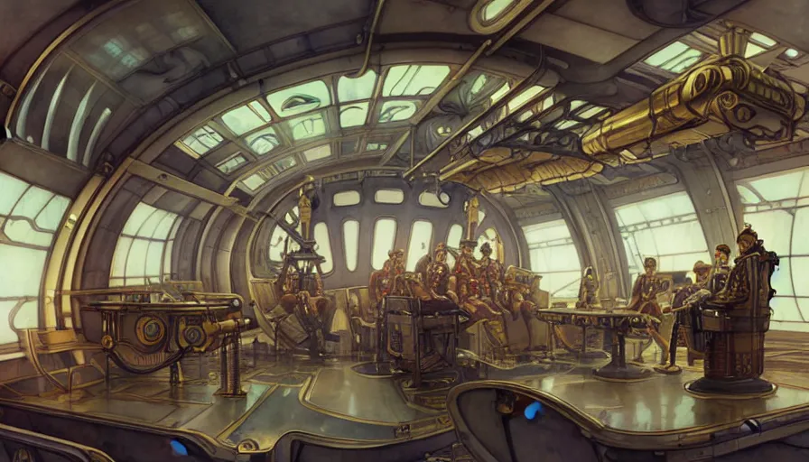 Image similar to airship interior bridge of warship, captain's chair, bridge crew, starship, throne room, french baroque, napoleonic, dieselpunk science fiction, steampunk, command and control center, sharp, concept art watercolor illustration by mandy jurgens and alphonse mucha, dynamic lighting