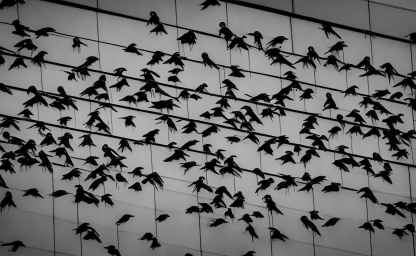 Prompt: low angle photo of a flock of birds scene from the travel plaza window, scene from being john malcovich film directed by charlie kaufman ( 2 0 0 1 ), moody cinematography and lighting, 2 4 mm anamorphic lens