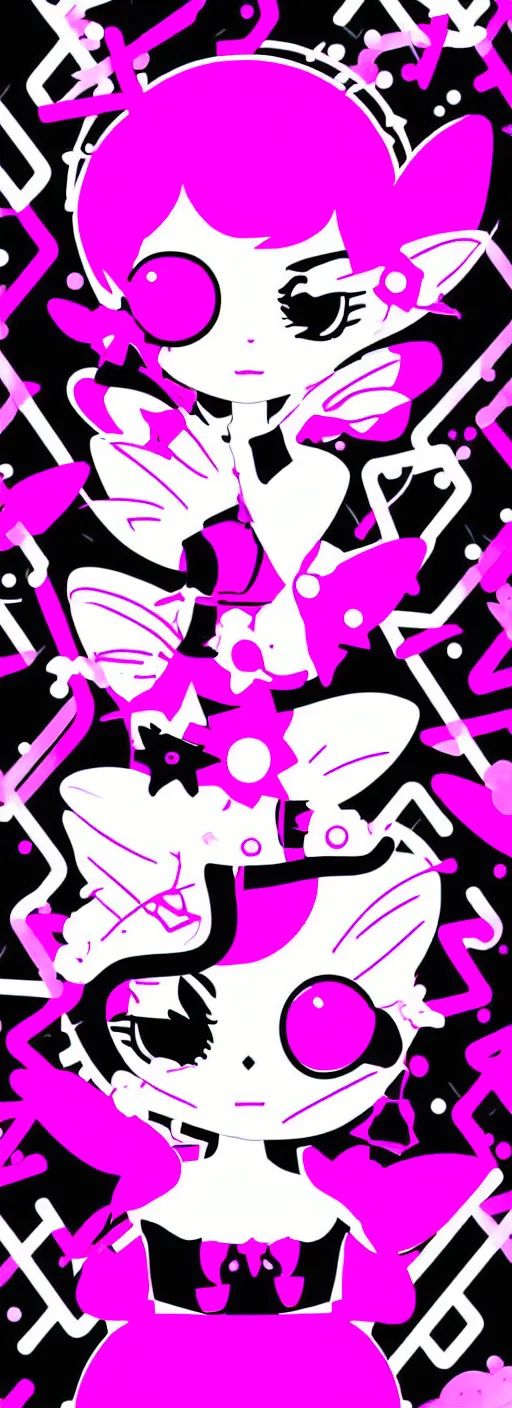 Image similar to digital illustration, kawaii cyber pixie, vector typography logotype, white and black and fuchsia colors, y 2 k aesthetic, graphic design