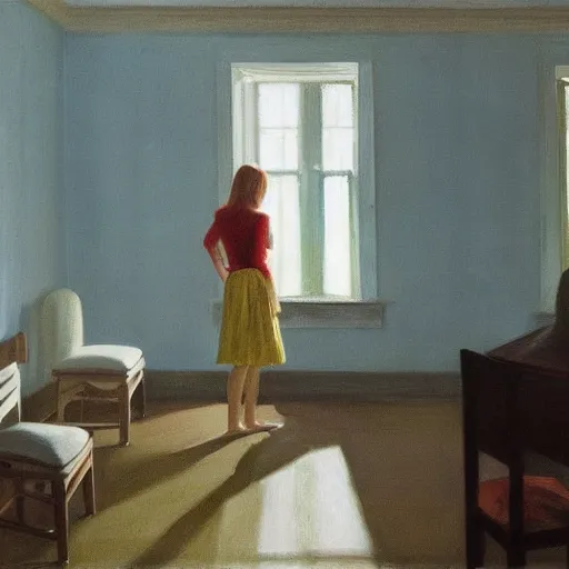 Prompt: painting of Elle Fanning in a flooded house interior, by Edward Hopper