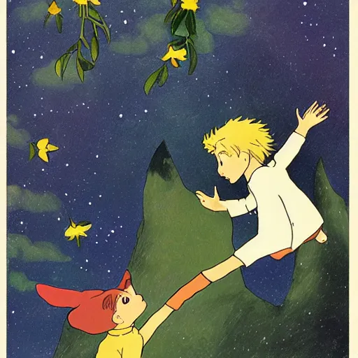 Image similar to illustration to The little prince by antoine de saint-exupéry , in the style of studio ghibli