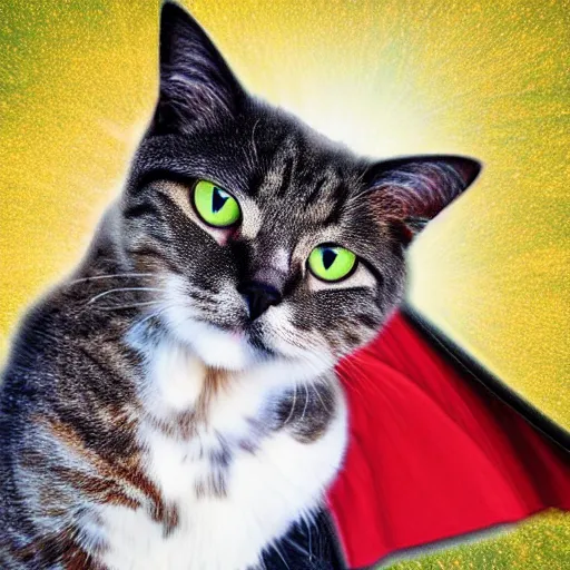 Prompt: a cat wearing superman cape, a red cape floating through galaxies of space on a recliner chair, cosmic rays, dramatic lighting, spirals galaxies