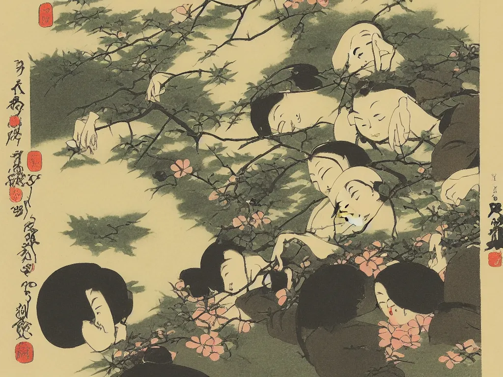 Image similar to four people meditation near a spring, by ohara koson