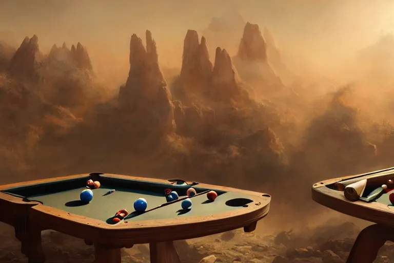 Image similar to a billiards table with planets for balls, matte painting, long shot, concept art, wide shot, digital art, trending on artstation, 4 k, extremely detailed, realistic, midday, warm colors, golden sunlight, by greg rutkowski, cinematic, epic