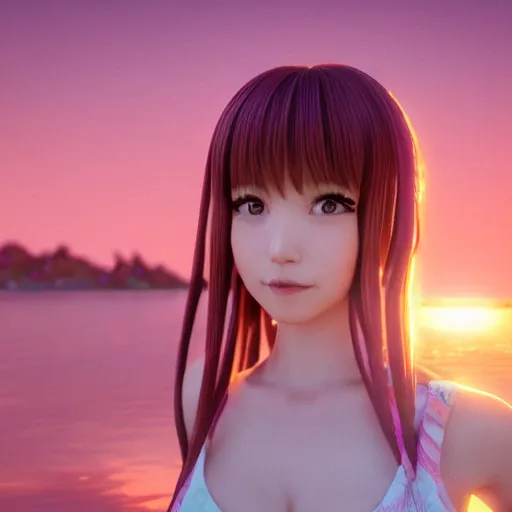 Prompt: Render of a beautiful 3d anime woman, long pink hair, full bangs, hazel eyes, cute freckles, full round face, soft smile, Chinese heritage, cute checkerboard sundress, golden hour, serene beach setting, medium shot, mid-shot, hyperdetailed, trending on Artstation, Unreal Engine 4k